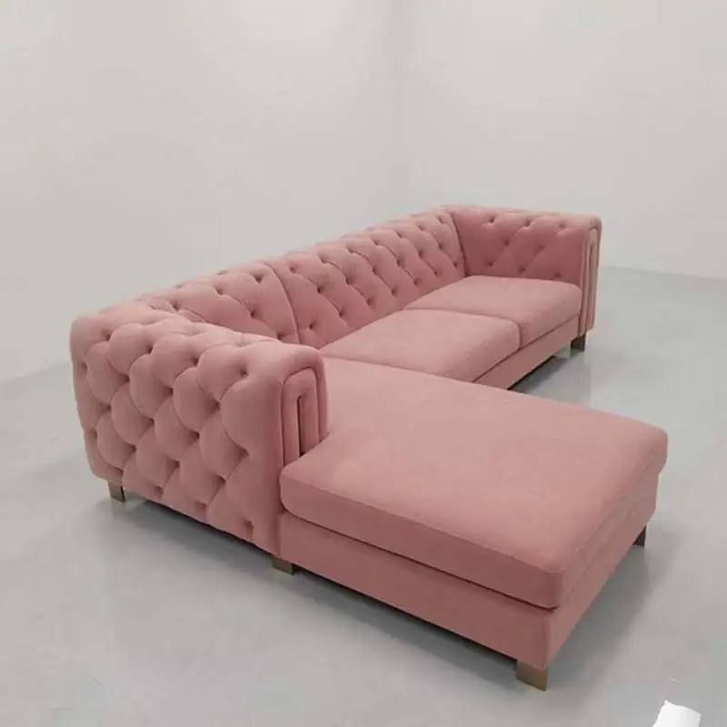 Samt L-Form Sofa Moderne Edelstahl vergoldete Füße beliebte New Button Leders ofas für Wohnzimmer möbel