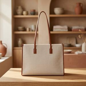 Minimalist Canvas <b>Handbag</b> with Brown Leather Handles Zipper Closure Large Capacity Outdoor Daily Use - Product Image 3