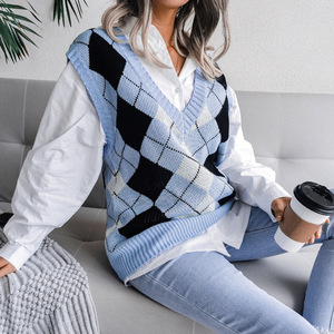 الخريف والشتاء نمط الكلية المعين V الرقبة عارضة فضفاض متماسكة سترة ملابس نسائية - Product Image 3