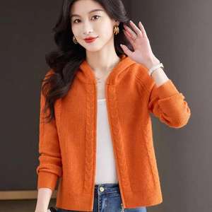 Cárdigan Clásico Personalizable de Color Naranja para <span class=keywords><strong>Mujer</strong></span>, con Cierre, Cuello Redondo, Manga Raglán, Tejido de Punto Suave y Transpirable - Product Image 1