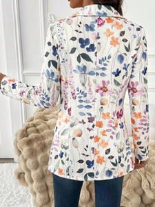 Blazer à col en V imprimé floral pour femme, simple boutonnage, manches courtes, coupe ajustée, en tissu 100 % coton tissé infroissable - Product Image 2