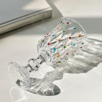 Verre à vin français peint à la main, gobelet à pied, motif points colorés, coupe diamant, style vintage créatif pour mariage et bar, 201-300 ml