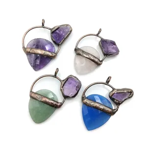 Natural Rough Drop Shape Gemstone Blue Agate Faceted Blade Amethyst Pendant Bronze Jewelry Vintage Soldered Rings Pendants
