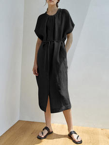 Vestido Midi Sin Mangas de <span class=keywords><strong>Lino</strong></span> Puro Estilo <span class=keywords><strong>Francés</strong></span> con Cuello Mandarín, Antiestático, Corte A, Holgado, Informal, Nueva Colección Verano 2025 - Product Image 4