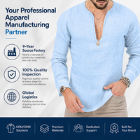 Chemise Henley décontractée à manches longues et col en V pour homme, respirante, coupe régulière, en mélange coton-lin, idéale pour l'été et la plage, vente en gros