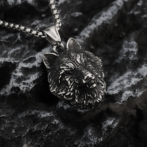 Wolf <b>Head</b> Asymmetrical Geometric Stainless Steel Pendant Men's Necklace Hip Hop Viking <b>Style</b> Themed Animal Charm Jewelry Gift - Product Image 3