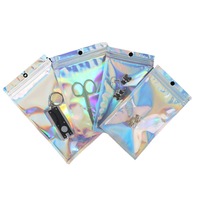 Emballage personnalisé, mini sac à fermeture éclair holographique, sac en plastique rose irisé avec fenêtre transparente pour l'emballage de bijoux, petite pochette