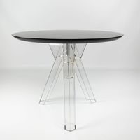 Table à manger ronde transparente en polycarbonate Ometto Design, plateau noir, assemblée, diamètre 90/120 cm, modèle OMT100ENN