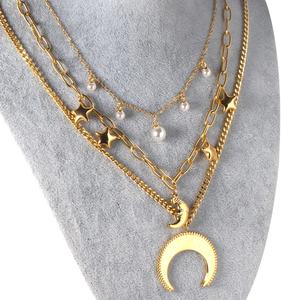 Collar de Acero Inoxidable con Baño de Oro de 18K, Colgante en Capas con Dijes de Luna y Estrella, Cadena de Perlas, Collar Grueso y Llamativo para Mujer - Product Image 1