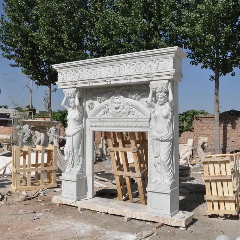 Decoración interior moderna, chimenea de piedra natural blanca envuelta alrededor de repisas de mármol francés con figura a la venta