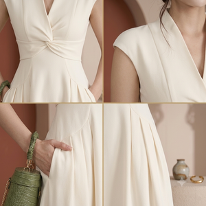Robe Midi Fille en Gros, Romantique et Douce, Couleur Abricot Unie, Col en V Torsadé à l'Avant, Manches Courtes, Taille Naturelle, Idéale pour le Quotidien et les Fêtes - Product Image 6