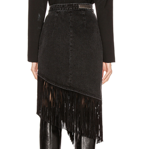 <span class=keywords><strong>Gonna</strong></span> Avvolgente in Denim Nero con <span class=keywords><strong>Frange</strong></span> in Camoscio e Orlo Asimmetrico - Product Image 4