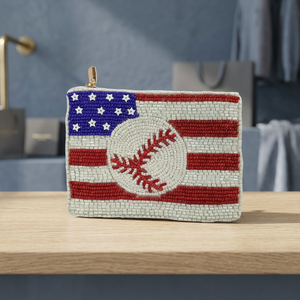 Pochette zippée carrée en coton faite à la main avec perles et drapeau de baseball, mini sac à monnaie brodé pour cadeau sportif ou décoration - Product Image 3