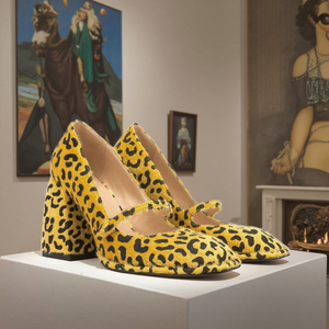 2024คุณภาพสูงโลโก้ที่กําหนดเองผู้หญิงรองเท้าสแควร์Toe Fauxม้าผมMary Janeปั๊มบล็อกส้นที่กําหนดเองเสือดาวออกแบบ - Product Image 3