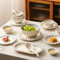 Offre Spéciale – Ensemble de vaisselle haut de gamme en céramique motif floral perlé rétro, bleu cerisier (bols à riz et assiettes)