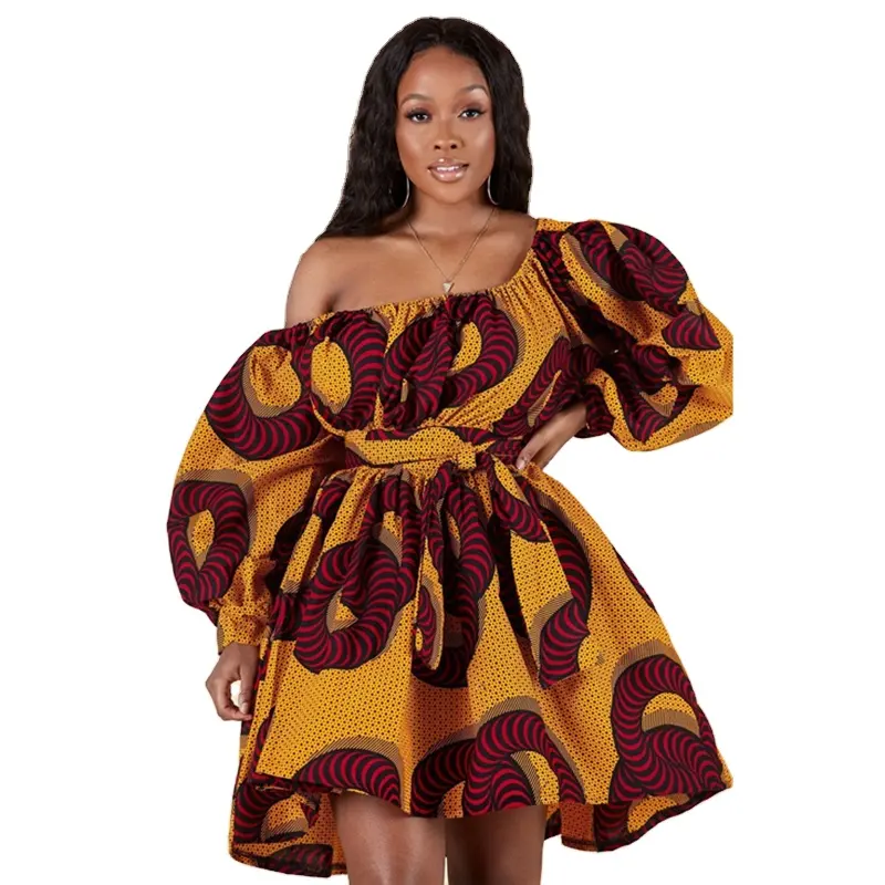 2021 African Pattern Printing Women Dress Diagonal Collar with Waist Belt Middle Eastern Fashion Dress for Women
