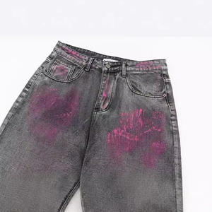 جينز رجالي بقصة مستقيمة بتصميم فريد بنمط طباعة الحبر، جينز رجالي عصري بتصميم ستون ووش، جينز رجالي فضفاض - Product Image 2