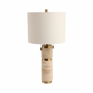 Lampada da tavolo moderna con base in travertino e paralume in tessuto a tamburo per camera da letto e soggiorno, elemento decorativo. - Product Image 1