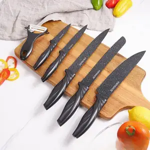 Kitchen King 6 pcs marble coating kitchen knife set chef knife set with box black non stick ergonomic handle