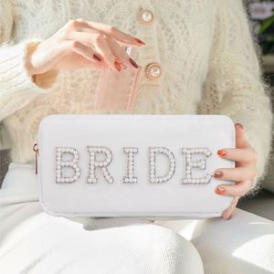 Bridal Shower Bachelorette Party Favors White Nylon Pearl Patch <b>Bride</b> Pouch Makeup Cosmetic Travel Toiletry <b>Bag</b> - Product Image 4