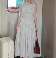 Ensemble Complet de Costume d'Été Rayé Style Français pour Femme - Haut Sans Manches en Polyester Longueur Mi-Mollet Super Tendance Tenue 2026