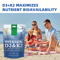 OEM Vitamine D3 Naturelle 10000 UI K2 MK7 200mcg Gélules à l'Huile de Coco Sans OGM Sans Gluten Sans Soja Soutien Immunitaire 200 Gélules