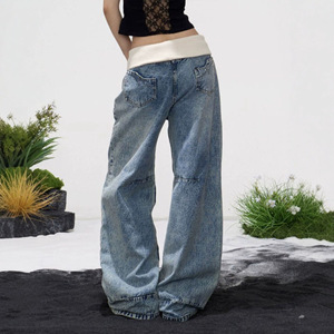 Jean ample streetwear pour <span class=keywords><strong>femme</strong></span>, coupe large, patchwork, taille plissée, délavage clair, coupe décontractée, en denim, idéal pour le <span class=keywords><strong>skate</strong></span> et le quotidien - Product Image 3