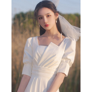 Vestido blanco para registro de matrimonio, mujeres de estatura pequeña, ceremonia de compromiso, vestido de novia, elegante vestido blanco para verano. - Product Image 1