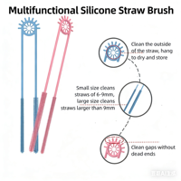 Brosse de nettoyage de pailles en silicone blanc, multifonctionnelle et réutilisable avec poignée manuelle flexible pour nettoyer les pailles