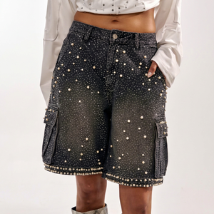 Shorts cargo taille haute ornés de perles pour femme, style streetwear, fermeture boutonnée, tissu en coton tissé avec poches - Product Image 1