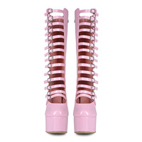 Fabricants sur mesure OEM, bottes à talons hauts pour femmes, plateforme double, bottes mi-hautes roses pour femmes
