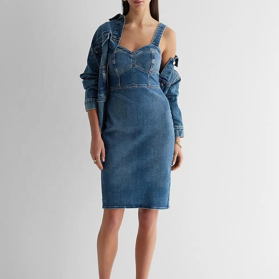Benutzer definierte Damen formelle Jeans kleid Schatz Ausschnitt Korsett dunkelblau waschen sexy Jean Kleider Damen Denim Etui kleid