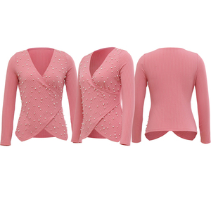 CY600006-camisetas informales para Mujer y niña, camisetas acanaladas de manga larga con cuello en V profundo, envoltura cruzada, Top plisado ajustado para Mujer - Product Image 5