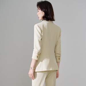 Women's Suit Set Beige Double Breasted Blazer Flared Pants Full Sleeve Notched Collar Casual Winter 2025 - Product Image 4
