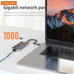 Jumon Material de liga de zinco USB3.0 USB C Hub PD 100W Estação de acoplamento 4K 60Hz Estação de acoplamento 8 em 1 HUB tipo C