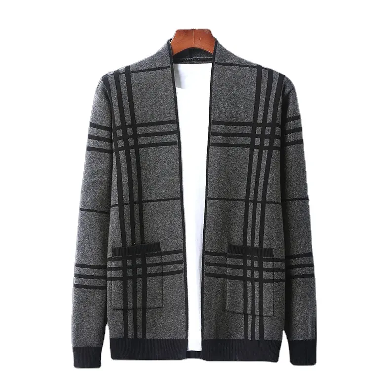 2021Cheap Classic Plus Size 4XL Men Loose Plaid Pocket Open Front Wool Sweater Cardigan