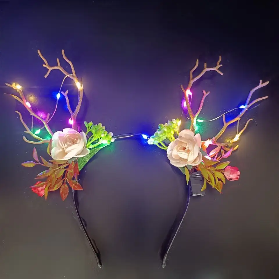 Customized Reindeer Antlers Headband Deer Ear Flower Crown Hair Clip Party Luminous Hairband Gift for Wedding Birthday