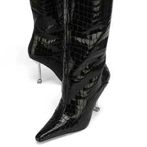 Animal Prints Women's Silver Kitten Heels <b>Long</b> Boots Pointed Toe Fashion Knee High Booties Straight Upper on Shoes - Product Image 5