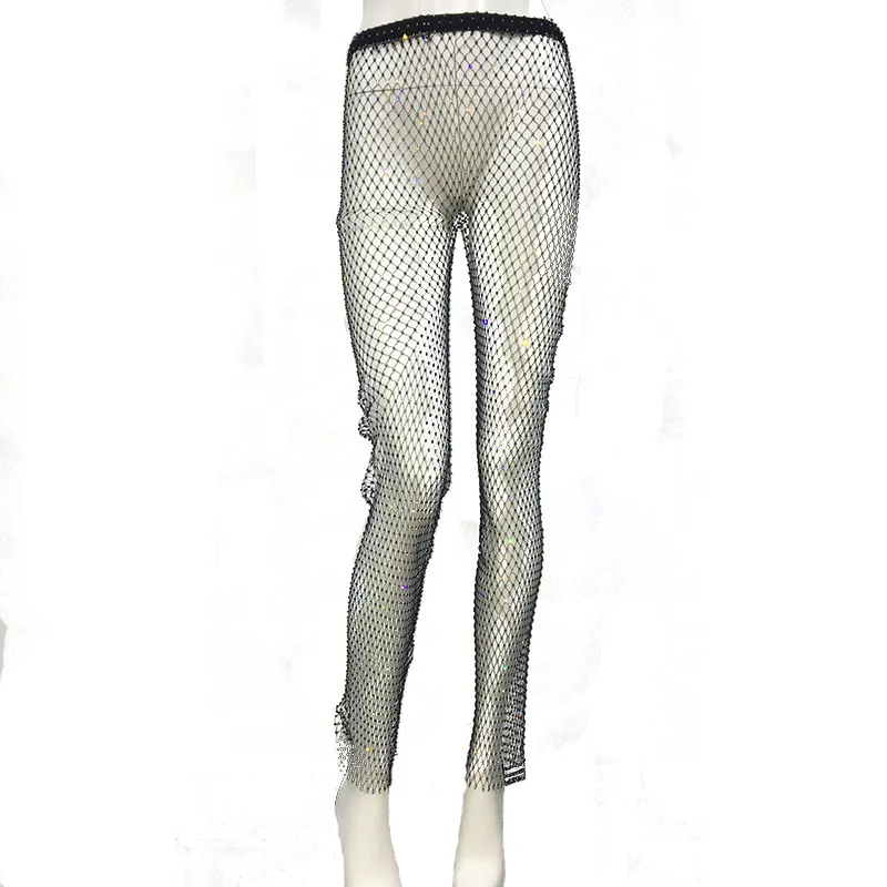 Shiny Crystal Trousers Summer New Fashion Female Fishnet Legging Hollow Party Streetwear Mesh Diamante Woman Pants