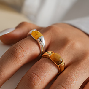Minimalist Wrap Tiger Eye <b>Stone</b> <b>Ring</b> 18K Gold Silver <b>Two</b> Tone Plated Chunky Wide Band Statement Finger <b>Ring</b> - Product Image 1