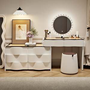 Minimalist Wooden <b>Vanity</b> Table With Lighted Mirror For <b>Bedroom</b> Makeup Station - Product Image 2