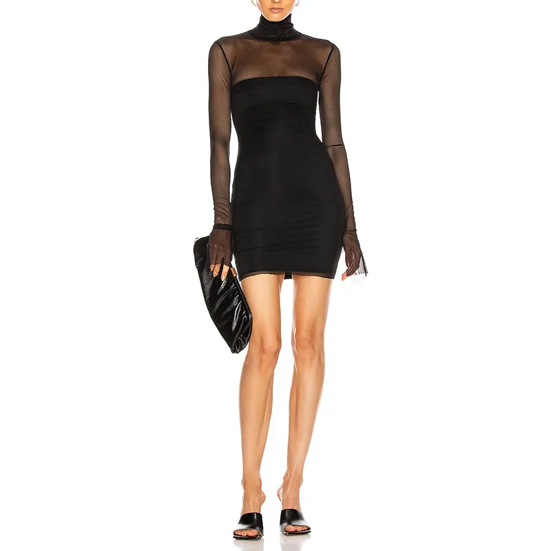 2021 Newest Fashion Sexy lady Black o Neck Mesh Long Sleeve Turtleneck Vestido Celebrity Evening Party Bodycon Bandage dress