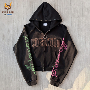 เสื้อฮู้ดดี้ผ้าฝ้าย 100% สไตล์วินเทจฟอกสีแบบแอซิดวอช แต่งลายปักแบบแอพพลิเค ทรงโอเวอร์ไซส์สำหรับผู้ชาย แบบซิป แต่งคริสตัล - Product Image 1