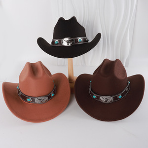 Sombreros de vaquero con banda de cabeza de toro turquesa, M56-58cm, poliéster, estilo artístico Retro, sombrero Fedora para mujer, accesorios de moda - Product Image 1