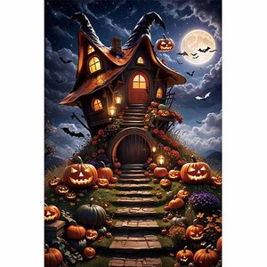 Decoración <span class=keywords><strong>de</strong></span> Fiesta <span class=keywords><strong>de</strong></span> <span class=keywords><strong>Halloween</strong></span> con Diseño <span class=keywords><strong>de</strong></span> Casa <span class=keywords><strong>de</strong></span> Brujas, Luna Llena y Campo <span class=keywords><strong>de</strong></span> Calabazas, Banner Personalizable para Fotografía - Product Image 1