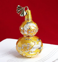 Ornements en métal gravé Feng Shui de 14,8 cm, motif WU Lou rouge et jaune avec grue joyeuse et Hu Lu, pour la longévité et la santé (Ginkgo)