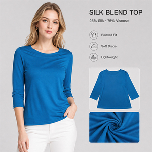 Haut en maille à manches 3/4 pour femme en soie de mûrier, coupe ample, grande taille, épaules dénudées, avec logo personnalisé, doux, respirant et de qualité supérieure - Product Image 1