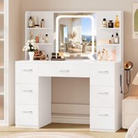 Coiffeuse moderne en bois massif et fer avec miroir lumineux, 5 tiroirs et station de charge - Table de maquillage de 50 pouces pour chambre à coucher
