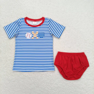 ชุดเบสบอลเด็กวัยหัดเดิน เด็กชาย เด็กหญิง เสื้อแขนสั้นลายทางและกางเกงขาสั้นสีแดง ชุด 2 ชิ้น ขายส่งเสื้อผ้าเข้าชุดสำหรับพี่น้อง - Product Image 5