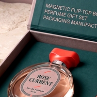 Boîte à parfum rigide de luxe personnalisée de style livre rose magnétique avec doublure en éponge réutilisable et deux flacons vaporisateurs de voyage